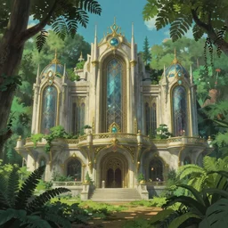 A Luxury Monumental Futuristic Castle in Art Nouveau Architecture, movie concept art, Breath of the wilde, studio ghibli style, Lush vegetation with ferns, miyazaki, Craig Mullins dappled lighting, octane render, cinematic, photographic, realistic, highly detailed