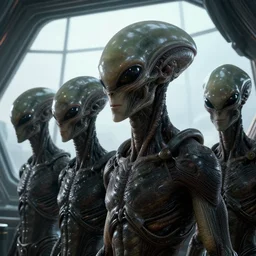 aliens brainsuckers warriors with highly detailed faces near the giant window inside ufo, masterpiece. rendered in blender, ultra realistic, smooth shading, ultra detailed, high resolution, cinematic, unreal 6, perfect face, cyberpunk, fine details, studio lighting, subtle shadows, art by katsuya terada, photorealism, hyper realism, octane render, hyper detailed, canon eos r 3, f / 1. 4, iso 2 0 0, 1 / 1 6 0 s, medium shot, 8 k, raw, unedited, in - frame,