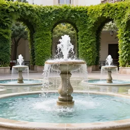 colonial fountains of water flooding a town square, stoic, archways made of lush greenery, light dust, magnificent, hyperdetailed, theatrical, close up, masterpiece, painted by jean honore fragonard and greg rutkowski