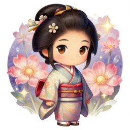 a portrait of japanese girl farmer in kimono, magic flower background, fantasy, dungeons and dragons, an ultrafine detailed painting, chibi, detailed painting, boris valejo. octopath traveler decal!!!