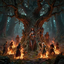 high intricate 3 d cg of evil forest spirits burning the ancient forest, massive ancient tree, maria panfilova, andrea savchenko, mike kime, ludovic plouffe, qi sheng luo, oliver cook, david noren, trending on artstation