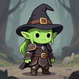 cute tiny goblin girl wearing hunter armor from Bloodborne and a wizard hat, geeen skin, d&d, Newgrounds