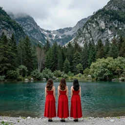 Women in red near a lake in a forest between mountains