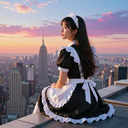 Lady maid dress with long hair, she is sitting on the roof of a skyscraper and looking at the horizon of a large city, vivid colorful, Hyperrealistic CGI Photorealistic cinematic volume lighting fanart on ArtStation  concept art sharp focus