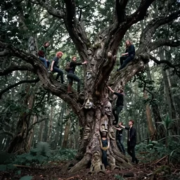 a old gnarled tree, bark covered in the suggestion of faces, a group of misfits climb the tree, edge of a eerie forest, cursed grounds, something feels off