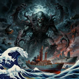 an ultradetailed illustration of cthulu destroying a fleet of ships, ominous and scary, dark thunderstorm, horror from beyond space and time, lovecraftian horror, intricate detail, cinematic, 8 k, volumetric lighting, octane render, art by hokusai, vibrant colors