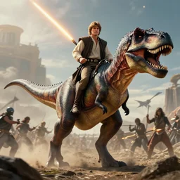 Anakin Skywalker riding a Tyrannosaurus Rex into battle