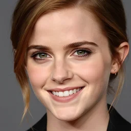 Portrait photo of Emma Watson, smiling , face close-up, high detail, studio, sharp, 85mm sigma art lens
