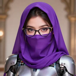 young cute hyderabadi woman with cat eye glasses and purple niqab and robot armor as anime girl, beautiful highly detailed illustration, stunning pretty face and eyes, pixiv gelbooru danbooru