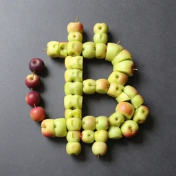 real small apples arranged into bitcoin logo, real photo, top down view