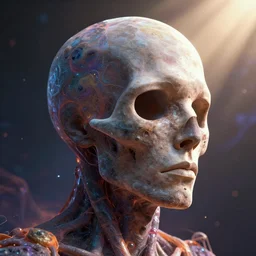 portrait of the soul leaving the body of a cosmic entity, 3 d artwork by billelis, sharp focus, very detailed, maximalism, ambient occlusion, volumetric light, sun beam, hyper realism, futuristic and psychedelic shading, cinematic composition