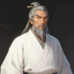Miyamoto Musashi, 120 years old, wearing a white robe, grey beard, grey hair, digital art