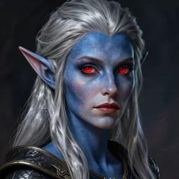 color portrait of a drow elf female (blue-gray skin with silver hair and red eyes), Greg rutkowski, Trending artstation, cinematográfica, digital Art
