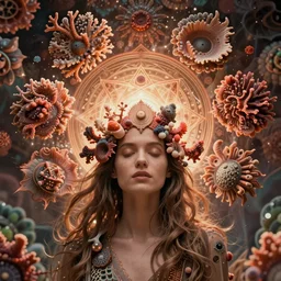 ridiculously beautiful young woman tripping, coral fractals radiating from head with sacred geometry, 3 d, dmt, natural, symmetrical, in the style of ernst haeckel, effervescent, warm, photo realistic, epic and cinematic,