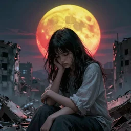 A beautiful picture of a suicidal girl against the background of ruins of a destroyed city and a yellow -red moon, as move The Divide, extremely detailed, stunning volumetric lighting, atmosphere, hyper realism, fantasy 4k