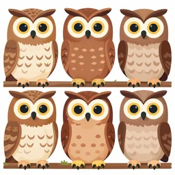gathering of feathered owls looking with big eyes in graphic design style