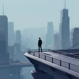 a man standing on top of a bridge over a city, cyberpunk art by Vincent Lefevre, behance contest winner, artstation, altermodern, cityscape, synthwave, matte painting, octane render, unreal engine