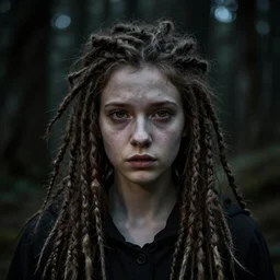 portrait of shy teenage fantasy witch, grzegorz rutkowski, symmetry, deep dark forest, dramatic lighting, moody, directional lighting, awkward, intelligent, contemplative, gorgeous dreadlocks in hair, volumetric lighting, symmetrical face, pale girl, nervous, art by alasdair gray, brown hair, hazel eyes, trending on artstation
