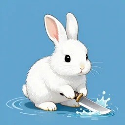 a cute fluffy rabbit cutting through water with a flint knife in a lowbrow, pop surrealism art style, photorealism, intricate, line-drawing, black ink on white paper