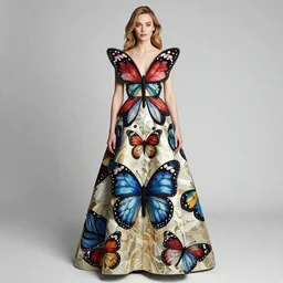 cara delevingne wearing ornate butterfly dress by Alexander McQueen, full body, raymond swanland