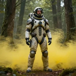 a detailed portrait full-body of man wearing scifi hazmat suit, in forest,  yellow volumetric fog,  by Tomasz Alen Kopera and Peter Mohrbacher, 8k