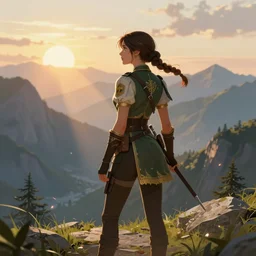 a female ranger going to adventure, fantasy, rpg, ornate, detailed outfit, back view, beautiful, atmosphere, vibe, muntains, sunrise, concept art illustration, color page, tone mapping, andrei riabovitchev, marc simonetti, digital illustration, greg rutowski, volumetric lighting, sunbeams, particles