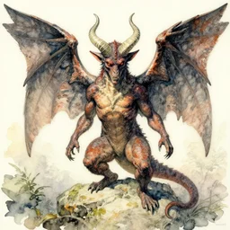 horned devil with wings, art by luis royo and walter crane and kay nielsen, watercolor illustration,