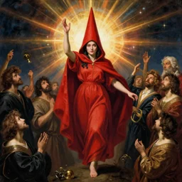 ascension of the scarlet woman by caravaggio adolf wolfli beksinski jan van eyck francis bacon, fantasy, ecstatic visions, religious ritual, epiphany ascension, conical red hood