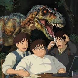 a very dull still from jurassic park ( 1 9 9 3 ) of a velociraptor ripping a fat scientist. painting by studio ghibli. close up on the faces, perfect art, grimdark, trending on pixiv fanbox.