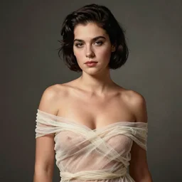 A sober young woman with short dark hair, full body pin up modelling in gauze wrap, photo studio background, detailed face, american postcard art style, by Gil Elvgren, Julie Bell, krenz cushart, Greg Hildebrandt and Randolph Stanley Hewton