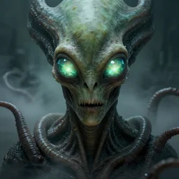 grotesque alien with long forehead. green semitransparant cloudy glowing faceted eyes. high quality photorealistic 4 k, hyperrealism, volumetric fog, serious, dark, scary, fear, intricate concept art of h. r. giger, symmetric, horror, kaiju looking down worms - eye - view