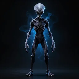 full body dark and intimidating portrait of an angry grey alien with sharp glowing black eyes, standing upright with blue wispy light highlighting from behind its figure on a black background, scary, dark and high resolution, 3 d, rim lighting, octane render, 8 k, ultradetailed, photorealistic,
