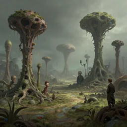 beautiful rendering of extraterrestrial landscape with distorted alien plants, roger dean, karol bak, moebius, martin johnson heade, unreal engine, matte painting, high detailed, 4 k, trending on artstation