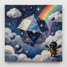 greg rutkowski, beeple, a painting by ralph mcquarrie of floating molecules and icosahedron with stars, clouds, and rainbows in the background, trending on artstation, masterpiece, incredible details