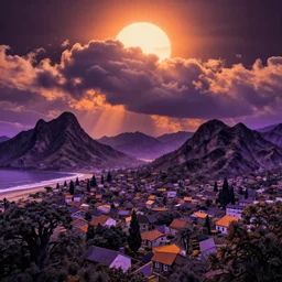 clouds, sun come up, lucidfufu, large village, mountains, symetric, dreamistic, fluxication, volumetric lighting, black, orange, purple, near the beach, big trees by mc escher, colorized by salvador ross gogh
