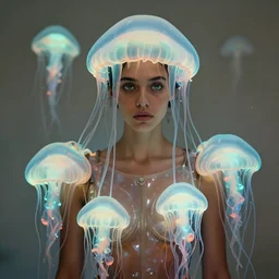 a medium shot of a brown woman wearing an armor made of luminous neon jelly fishes. jellyfish eyes. soft lighting. fragile. piercing eyes!! coherent face!! no makeup!! muted colors. by ray caesar. by louise dahl - wolfe. by andrea kowch. surreal photography