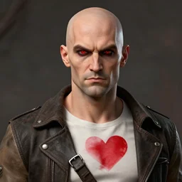A bald Outlaw that looks evil but has a good heart, detailed, realistic, 4k