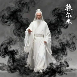 Concept art of a lone old man in a one-piece white robe, white hair and white beard, surrounded by black smoke, smoky, full body wuxia, Wudang Swordmanship by Chen Uen, art by Yoji Shinkawa, 4k
