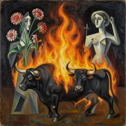 fire, flowers, bull, surreal by dan mumford and umberto boccioni, oil on canvas