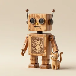 3D 8k octan render ,ultra photorealistic , storyboard a wooden sculpture wooden art toys wooden on feet : very cute robot wooden with cat  ,art by Alphonse Mucha