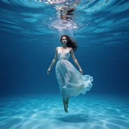underwater photography in large atmospheric pool of beautiful model in flat dress by emmanuel lubezki