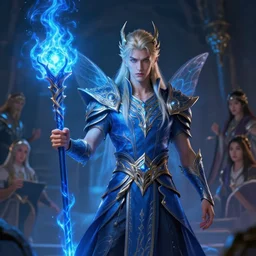 legendary fairy prince hold flame staff, blue energy, highly detailed, d & d, fantasy, highly detailed, digital painting, trending on artstation, concept art, sharp focus, illustration, global illumination, ray tracing, realistic shaded, art by artgerm and greg rutkowski and fuji choko and viktoria gavrilenko and hoang lap