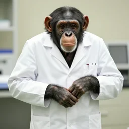 Chimp wearing a lab coat