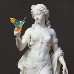 a white reneissance statue holding a coctail, medium shot, colorful coctail, digital painting, 3 d render, hyper detailed