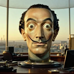 the giant head at the office that, made of oil and water, film still from the movie directed by Denis Villeneuve with art direction by Salvador Dalí, golden hour