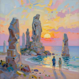acrylic painting, impressionism and expressionism, strong emotional impact, bold pastel colors, expressive brushstrokes. by peter mohrbach and mark keathley. fantasy illustration of the shore of the island of monuments and statues. spectacular sunset, stone monuments on the beach. beautiful and vivid trending on artstation hq 8 k contest winner # wow
