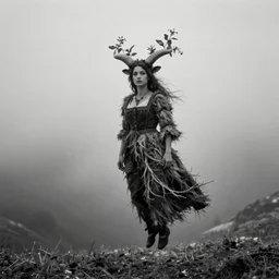 portrait photography of flying tyrolean alpine female farmer, hovering over the ground, horns on head, roots and edelweiss growing from head, fog, clothes made from hay, desaturated, fog, witch, wicca, 1. 2 f, 3 5 mm, dark, eerie, 1 9 2 0 s ghost photography