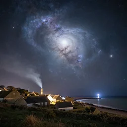 a beautiful double exposure of the astronomy picture of the day, nebula, with a rural seaside village landscape at night, soft white light, chimney smoke, distant lighthouse, long exposure clouds
