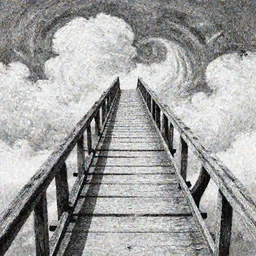 an old wood bridge that climb into the sky, swirly clouds in the background, art by James Jean and Wayne Barlowe, high details , black and white ink, cinematic, cgsociety 8k