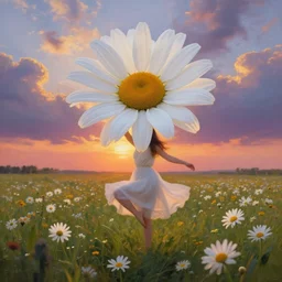 giant white daisy flower under head, girl dancing in a flower field, surreal photography, sunrise, dramatic light, impressionist painting, colorful clouds, digital painting, artstation, simon stalenhag